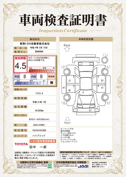車輌検査証明書
トヨタ自動車の証明書